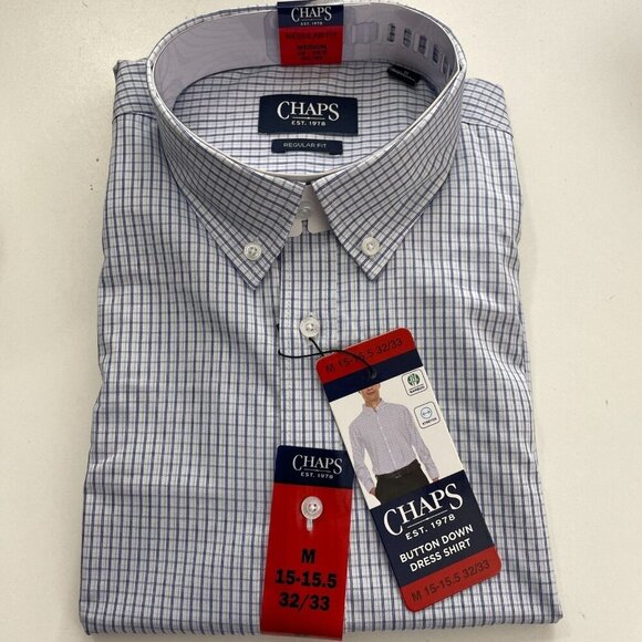 NEW CHAPS Mens M Regular Fit Button Down Dress Shirt White Blue Check Bamboo - Picture 1 of 4